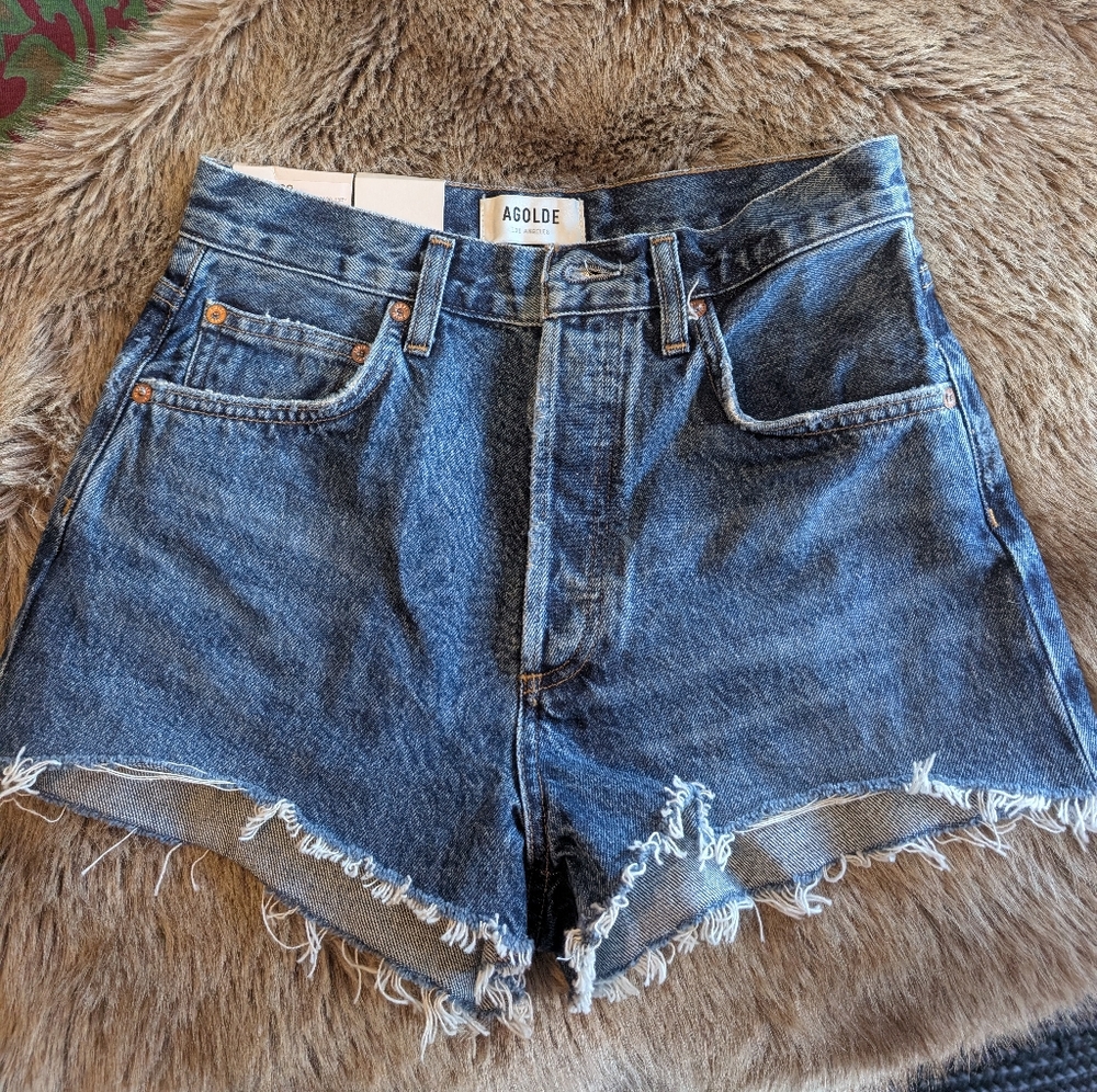 Agolde Blue High-Waisted Jean Shorts Distressed